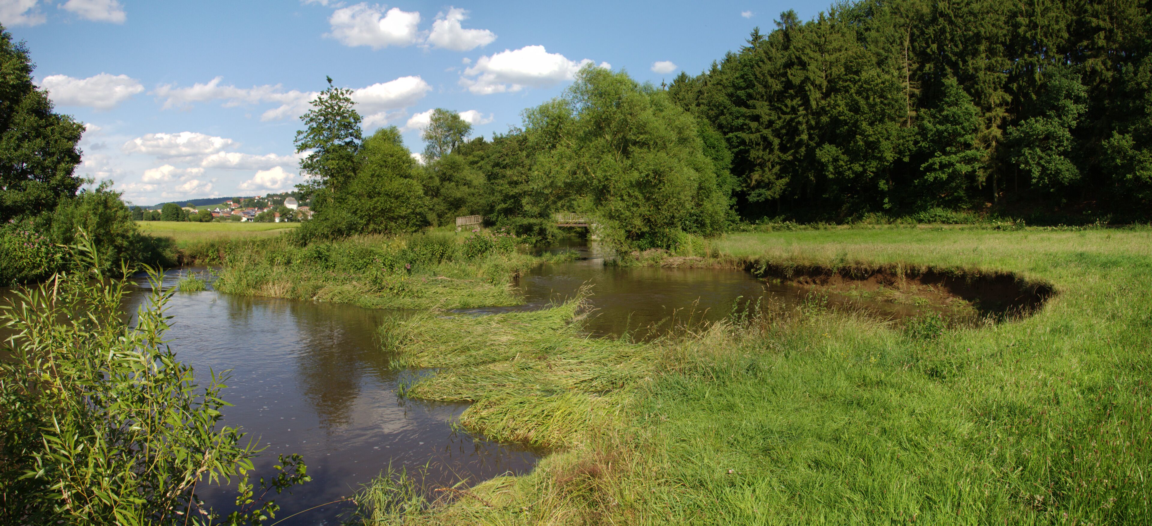 A river meandering through a lush green landscape with trees and a small bridge.