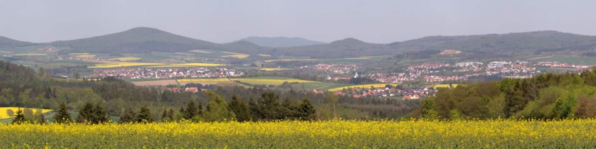 Panoramic view of Hessisches Kegelspiel (Hessian Skittles - Rhoen Mountains) (LPA:378477, Hessische Rhön), Oberfeld Huenfeld (HWO2 Hiking Trail), Hesse, Germany
