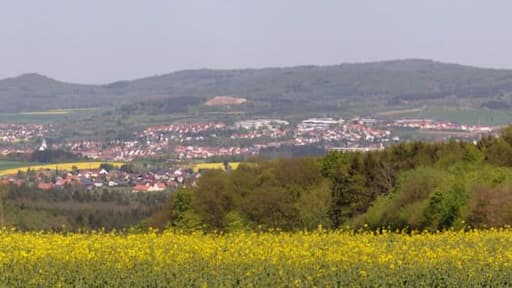 Panoramic view of Hessisches Kegelspiel (Hessian Skittles - Rhoen Mountains) (LPA:378477, Hessische Rhön), Oberfeld Huenfeld (HWO2 Hiking Trail), Hesse, Germany