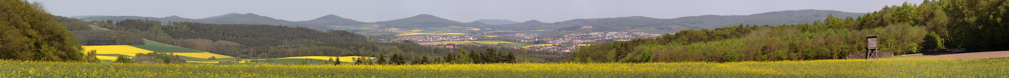 A rural landscape with fields of yellow flowers, green fields, and a town in the valley.