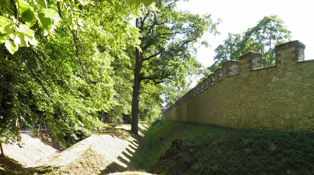 The reconstructed defences of the fort with the two ditches on the outside, Saalburg Roman Fort, Limes Germanicus, Germania (Germany)