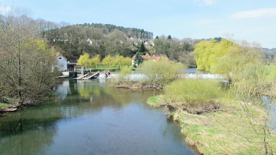 A river with a bridge, surrounded by trees and houses.