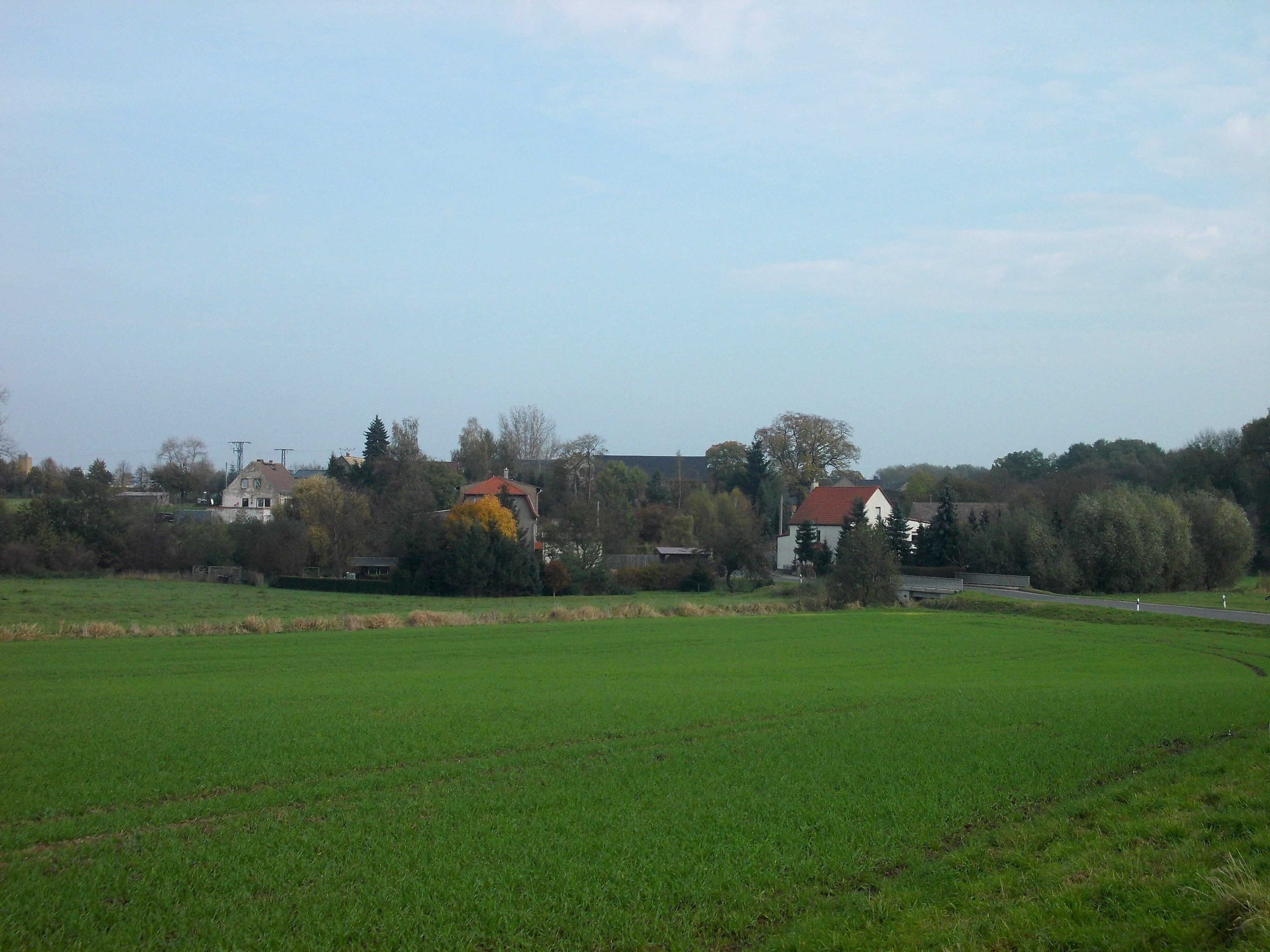 A rural landscape with green fields, houses, and trees.