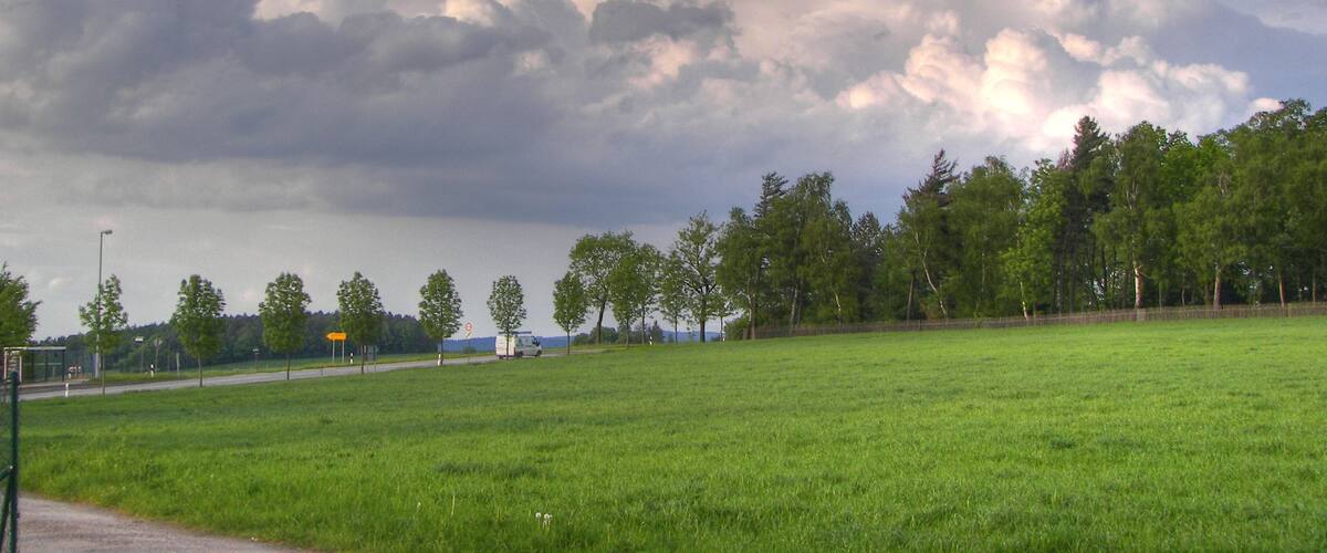 A grassy field with a road and trees under a cloudy sky.