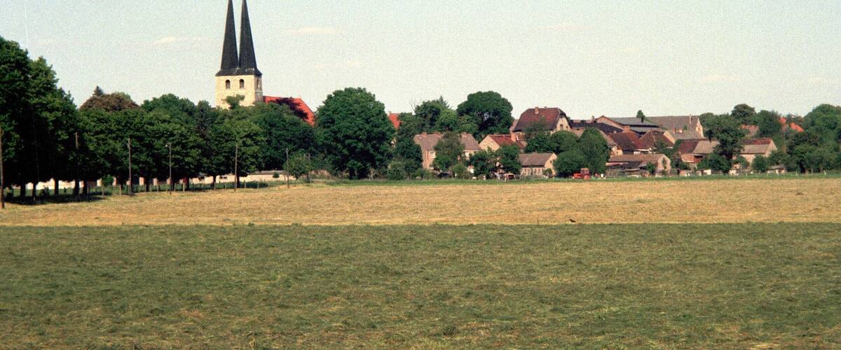 A church with a tall spire, surrounded by trees and houses in a rural setting.
