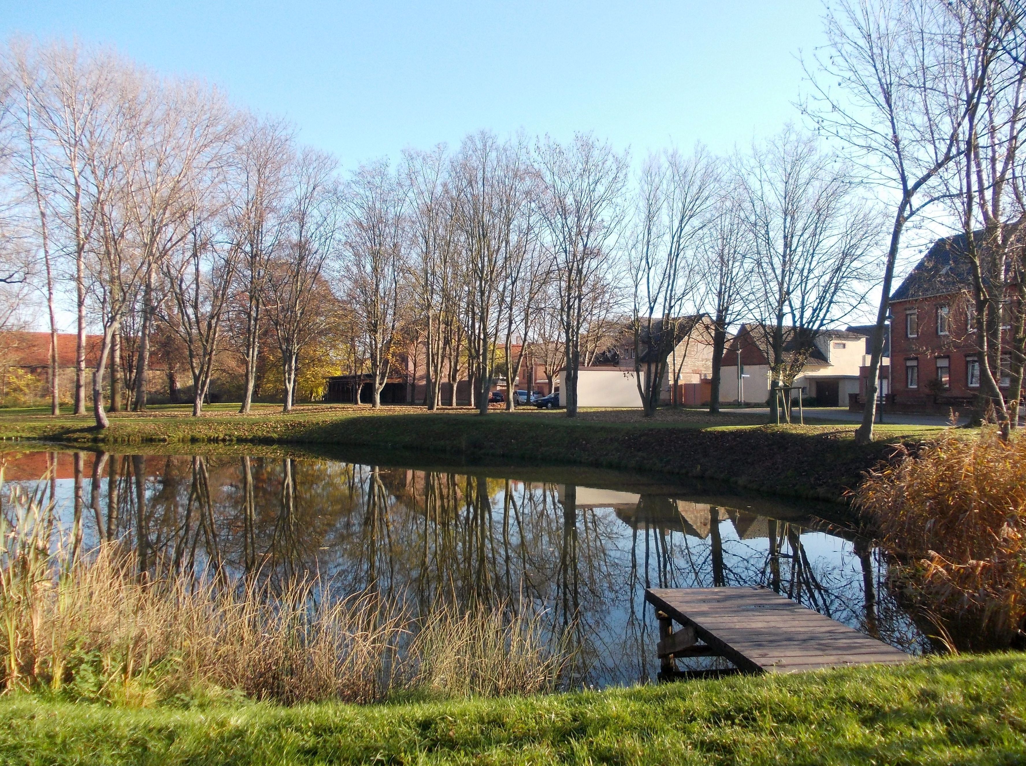 A calm pond with a wooden dock, surrounded by leafless trees and a few buildings in the background.