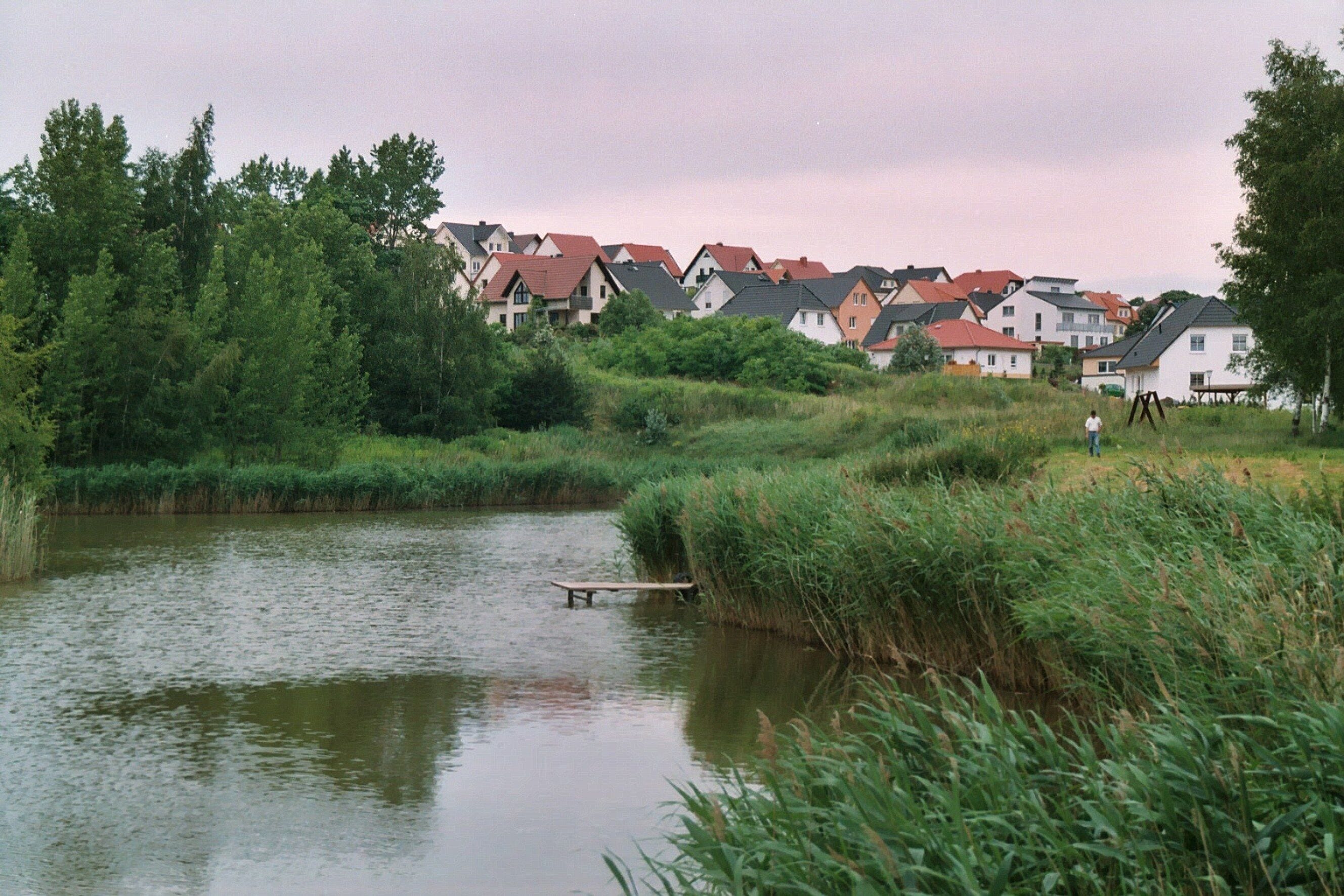 A river with a wooden bench, surrounded by lush greenery and houses with red roofs in the background.