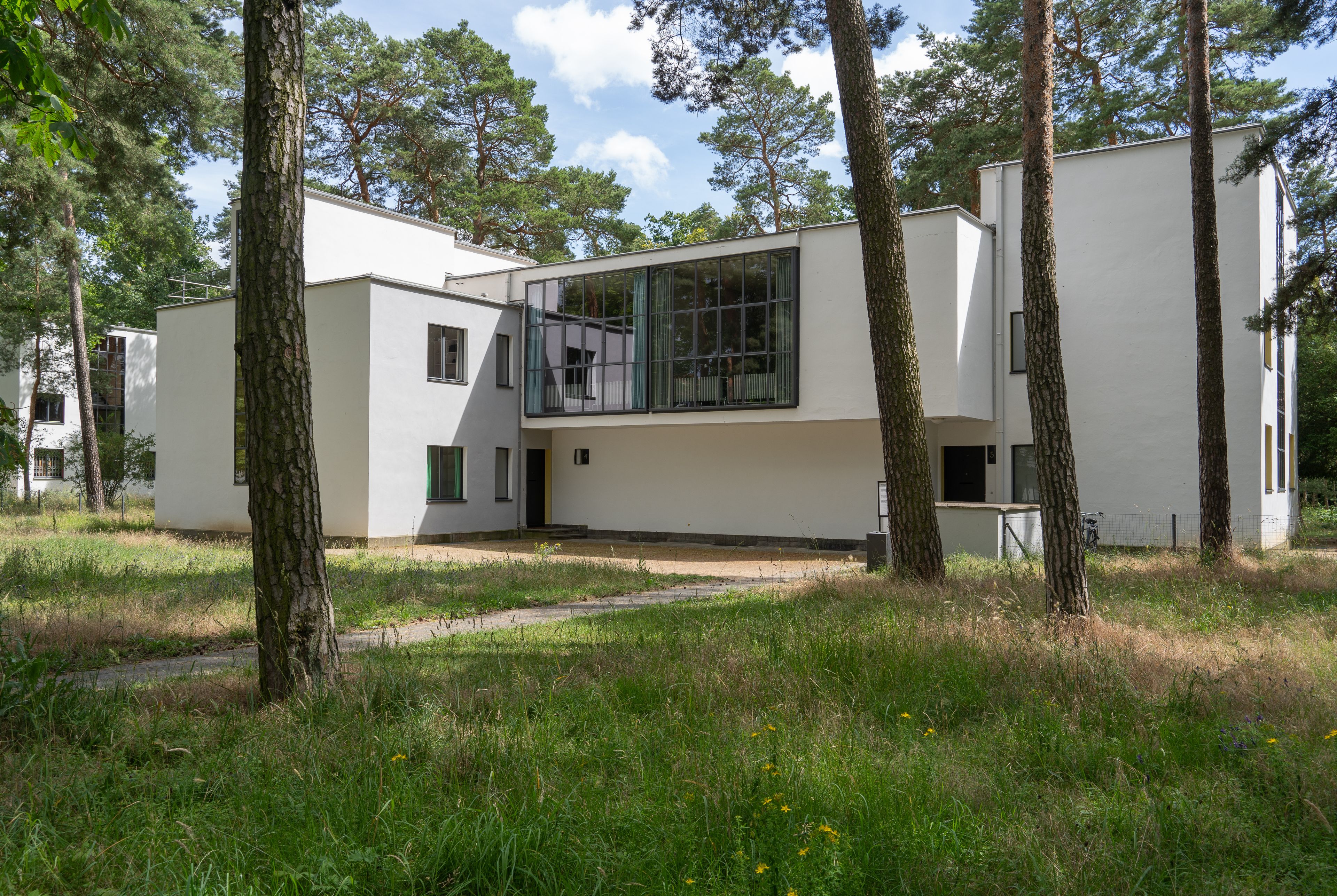 A modern white building with large windows and a sloped roof, surrounded by tall trees and grassy areas.