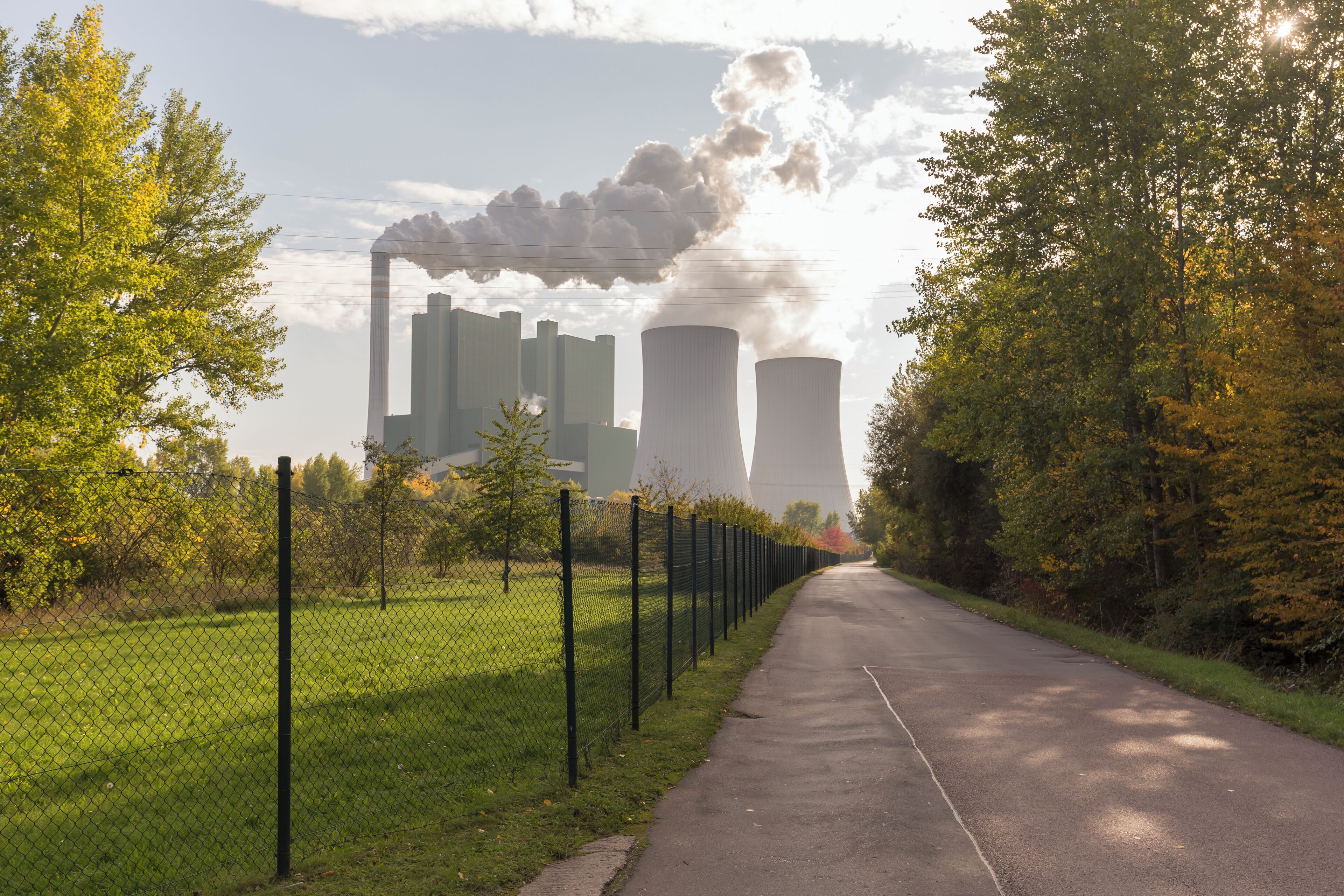 A road flanked by a fence and trees, leading to industrial buildings with smoke stacks.