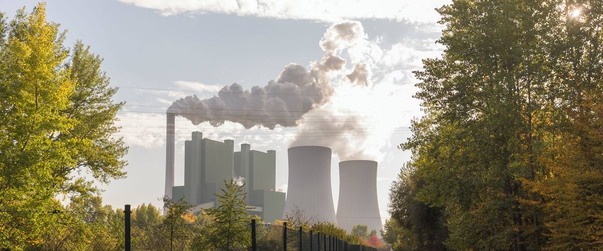A road flanked by a fence and trees, leading to industrial buildings with smoke stacks.