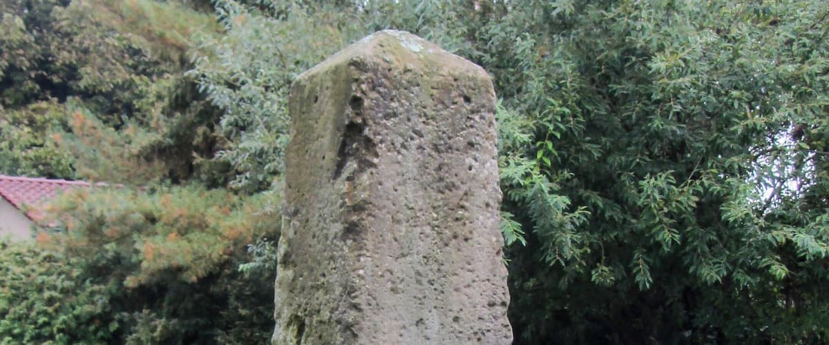 A weathered stone monument with moss growth, surrounded by lush greenery and trees.