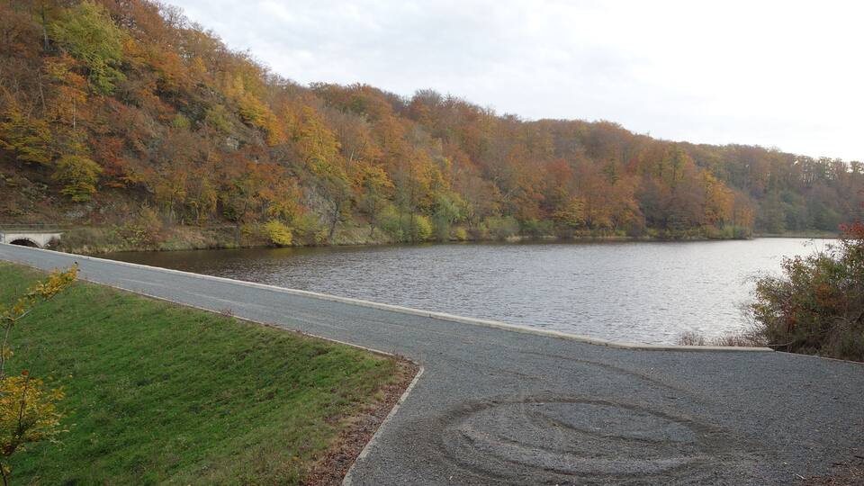 A road curving alongside a lake with autumn-colored trees.