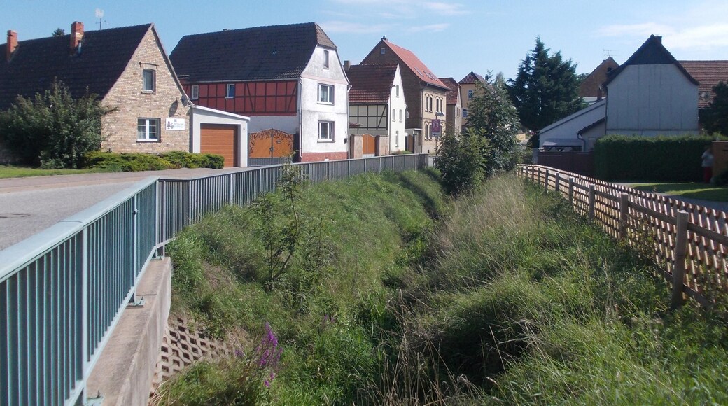 Magdeburger Strasse in Riestedt (Sangerhausen, Mansfeld-Südharz district, Saxony-Anhalt) with Riestedt stream