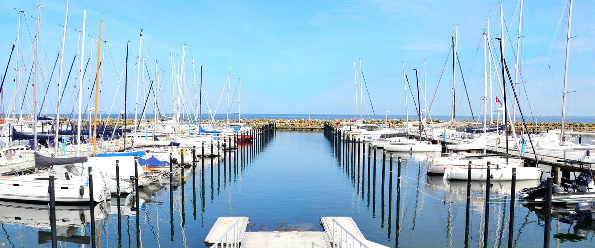A marina with numerous sailboats docked along a calm waterway.