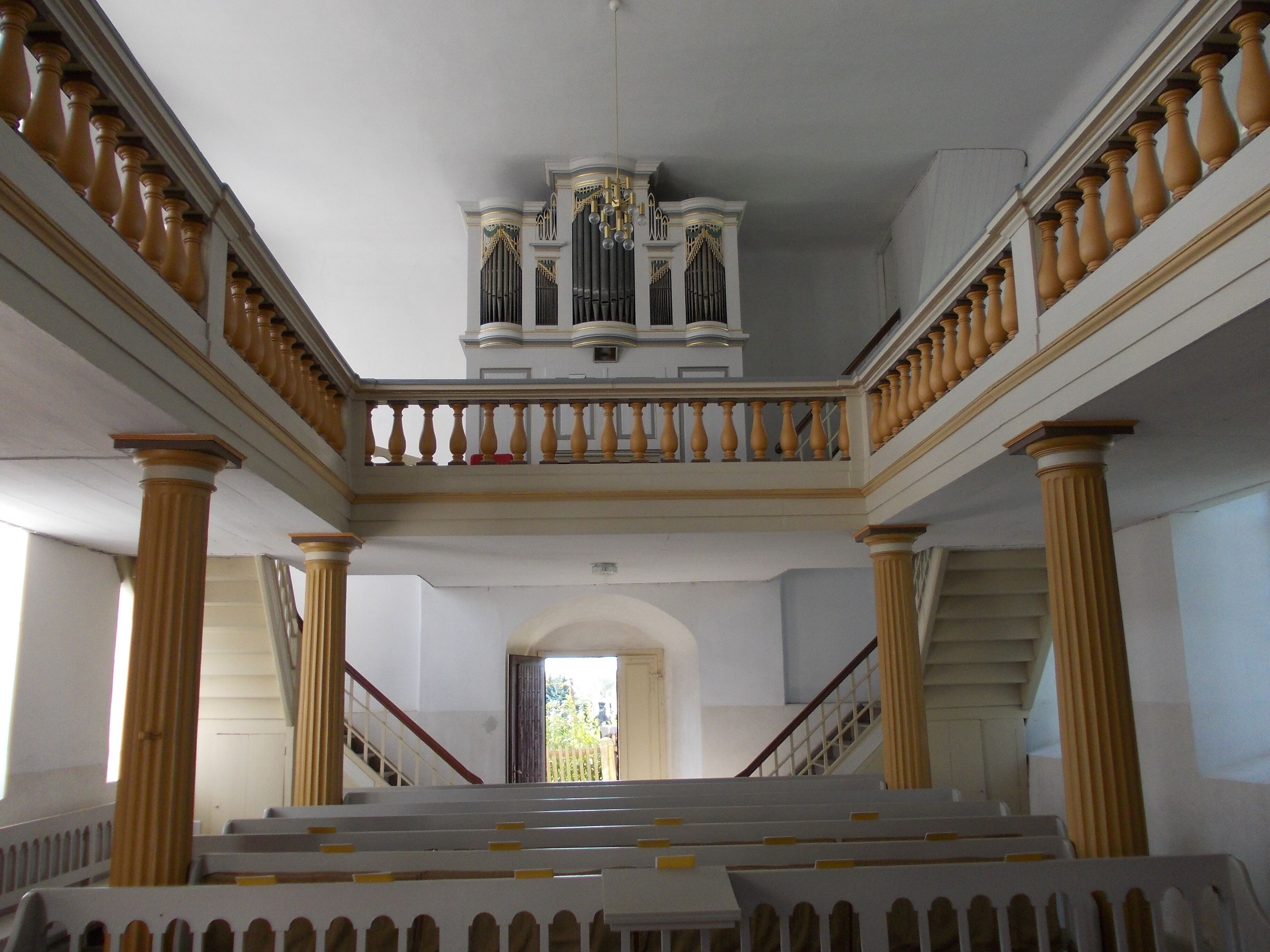 Interior of Raitzhain church (Ronneburg, Greiz district, Thuringia) with organ