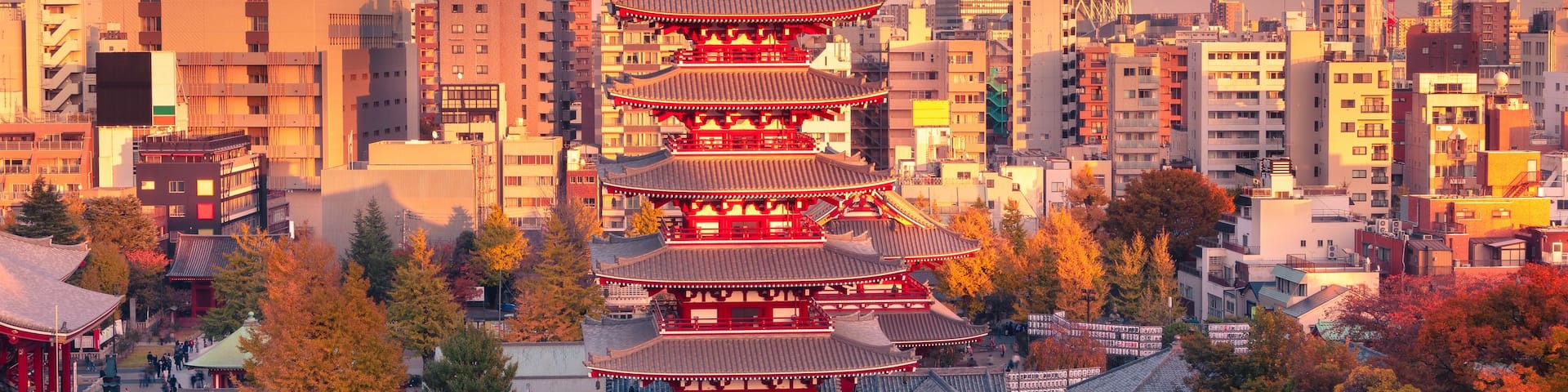 A traditional Japanese pagoda with a modern skyscraper in the background.