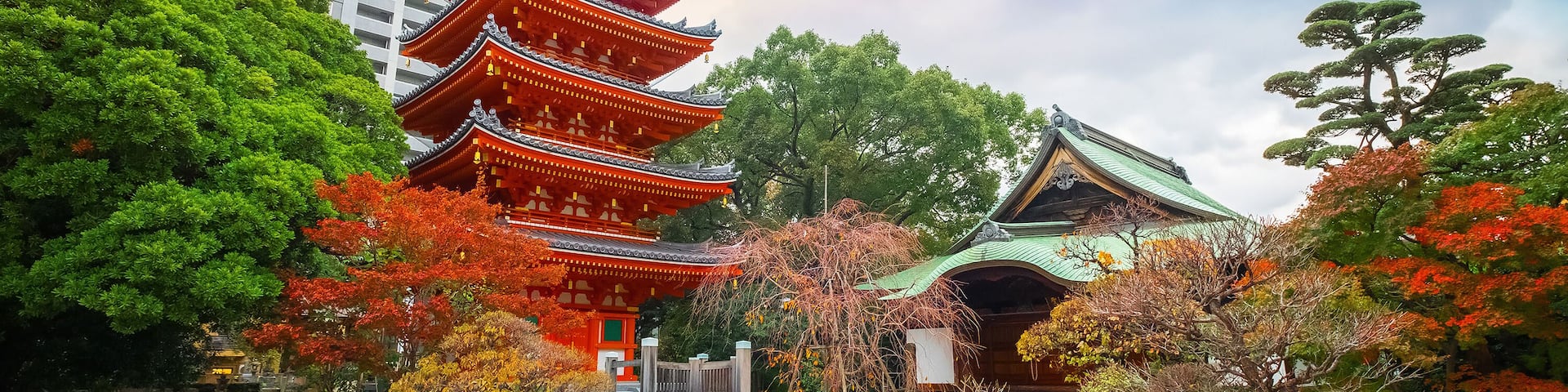 Fukuoka, Japan - Nov 30 2022: Tochoji Temple located in Hakata district. First built by Kobo Daishi by the sea, moved to current place by Kuroda Tadayuki, designated a historical site by Fukuoka City