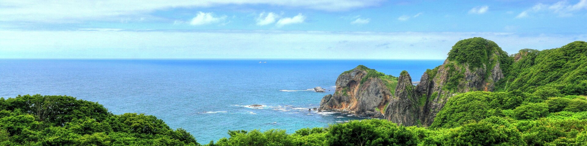 A coastal landscape with lush greenery, rocky cliffs, and the ocean.
