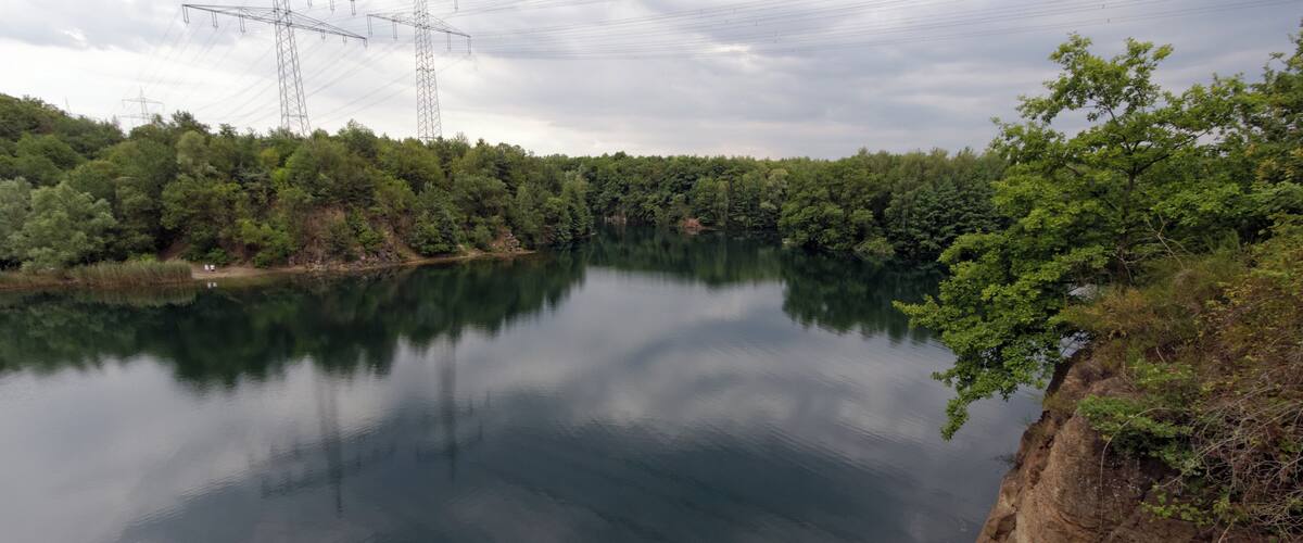 A calm lake surrounded by dense forest and power lines in the background.
