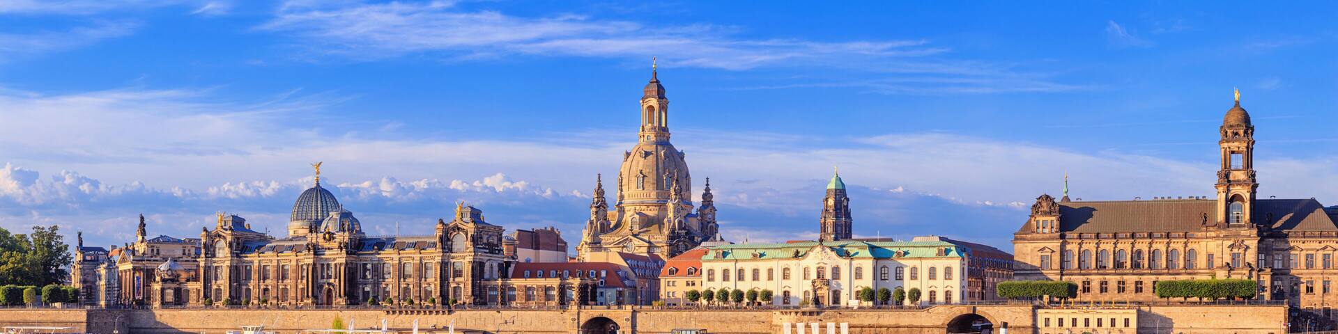 Cityscape, panorama, banner - view of the Bruhl's Terrace is a historic architectural ensemble in Dresden on the banks of the Elbe, Saxony, Germany