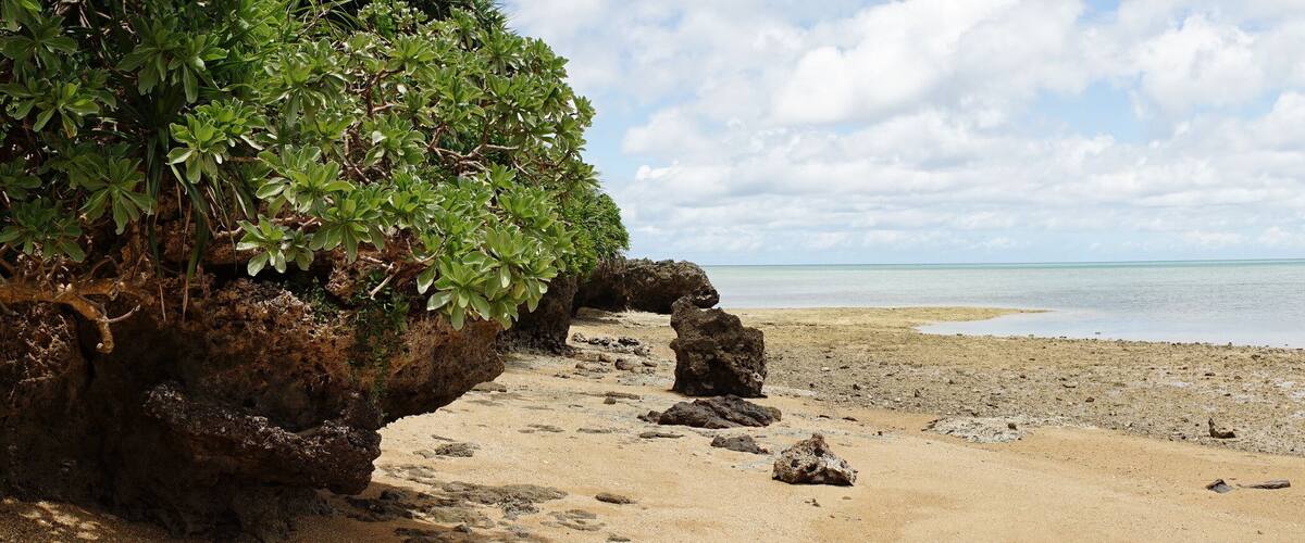 A beach with clear water, a rocky cliff, and a distant mountain.