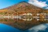 Idyllic landscape of lake Chuzenji and mountain Nantai in Nikko national park, Japan