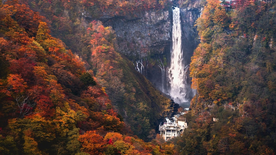 A waterfall surrounded by autumn-colored trees and a traditional building.