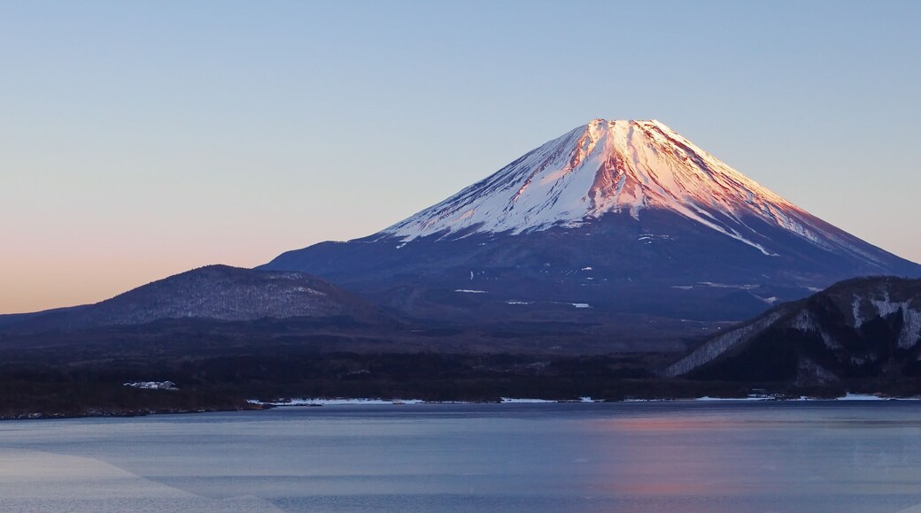Mountain fuji and Lake Motosu in spring season