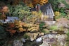 A traditional Japanese house nestled among autumn-colored trees and a flowing stream.