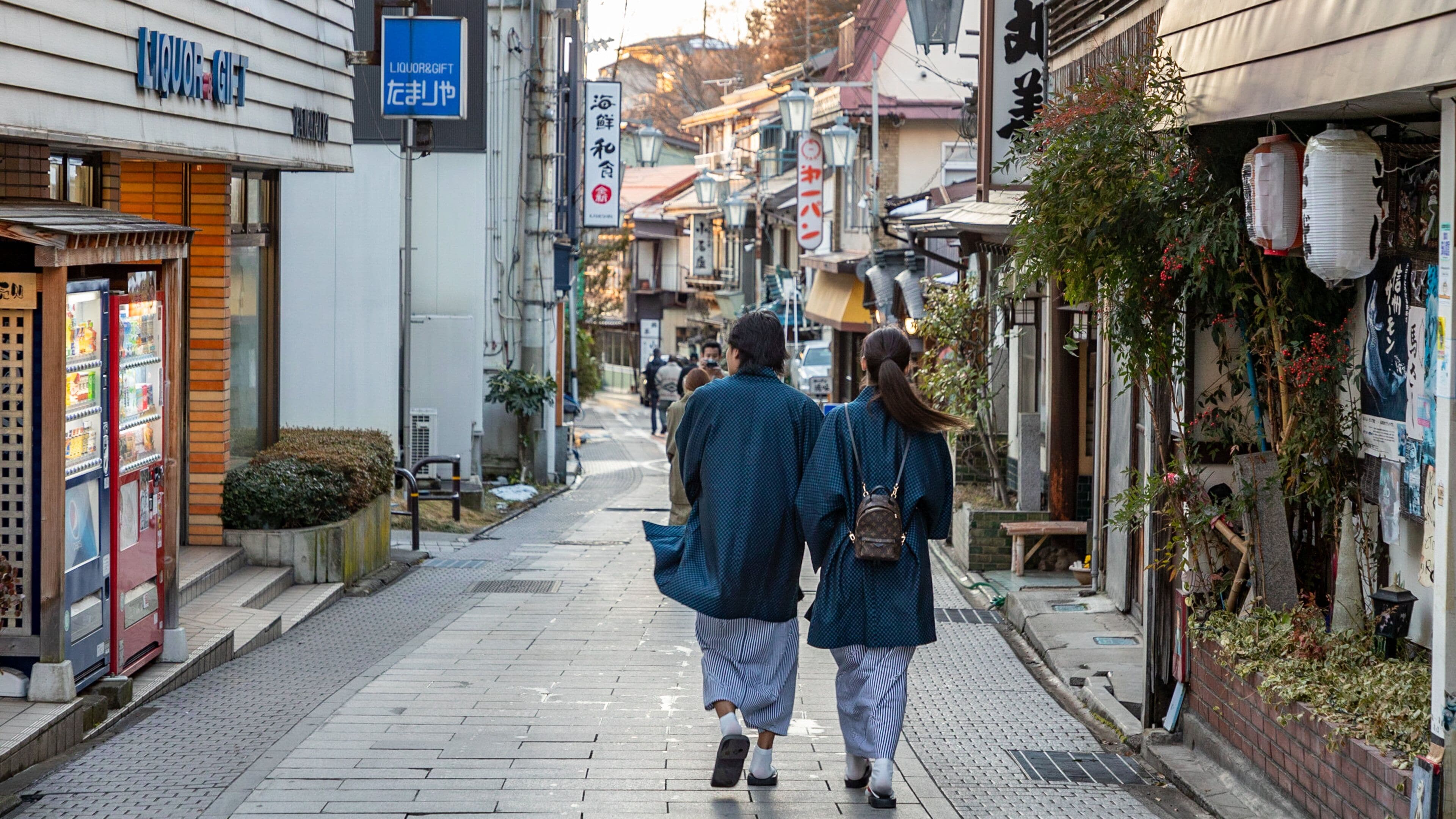 Yudanaka Shibu Onsen showing street scenes as well as a couple