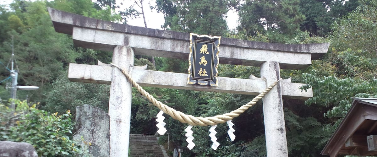 A stone staircase leading up to a traditional Japanese torii gate with a rope barrier.