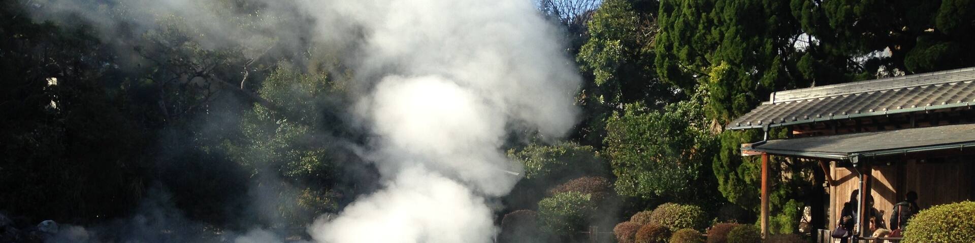 A hot spring with steam rising, surrounded by trees and a traditional building.