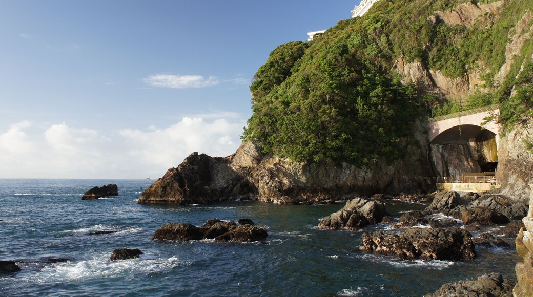 Rotenburo (open air bath) of Hotel Urashima in Nachikatsuura, Wakayama prefecture, Japan. Facing the Pacific Ocean, it is located inside a large natural cave that has been eroded by the sea.
