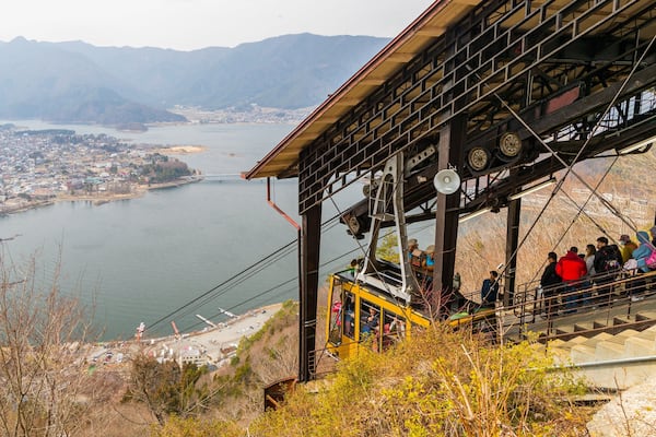 Mt. Kachi Kachi Ropeway which includes a gondola and a coastal town as well as a small group of people