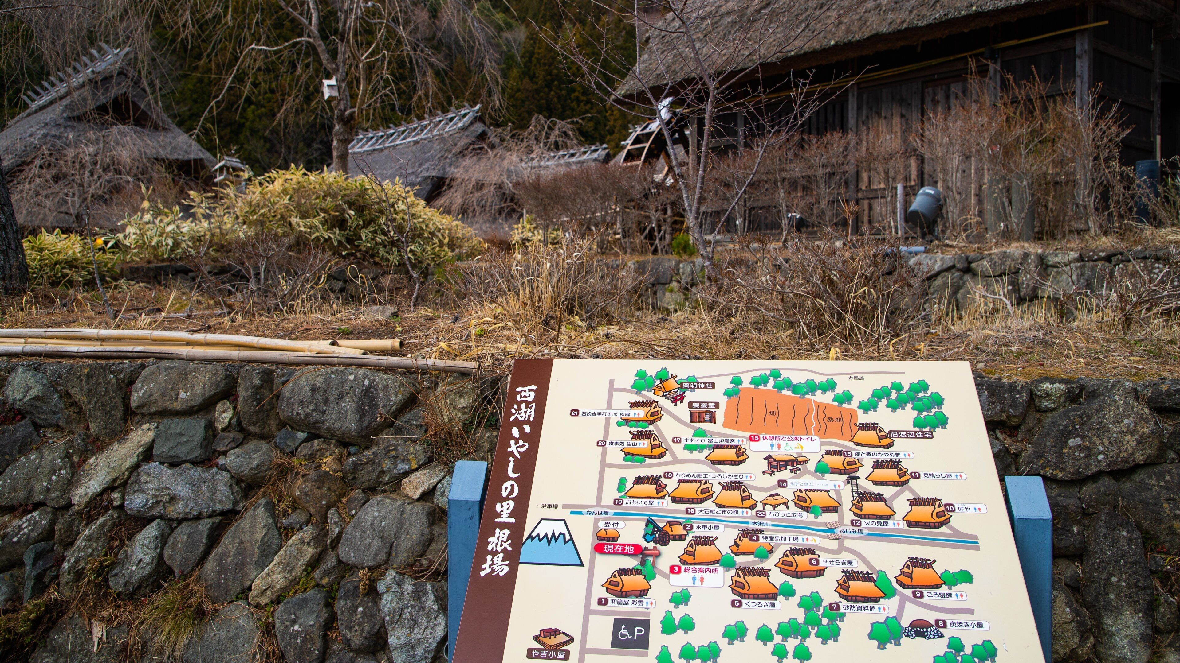 Lake Saiko Iyashi no Sato NENBA showing a small town or village and signage
