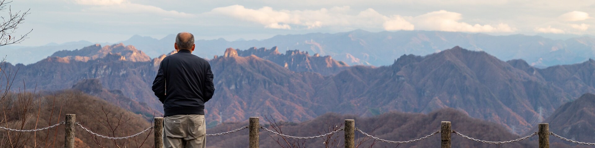 Usui Pass Observation Platform featuring views and tranquil scenes as well as an individual male