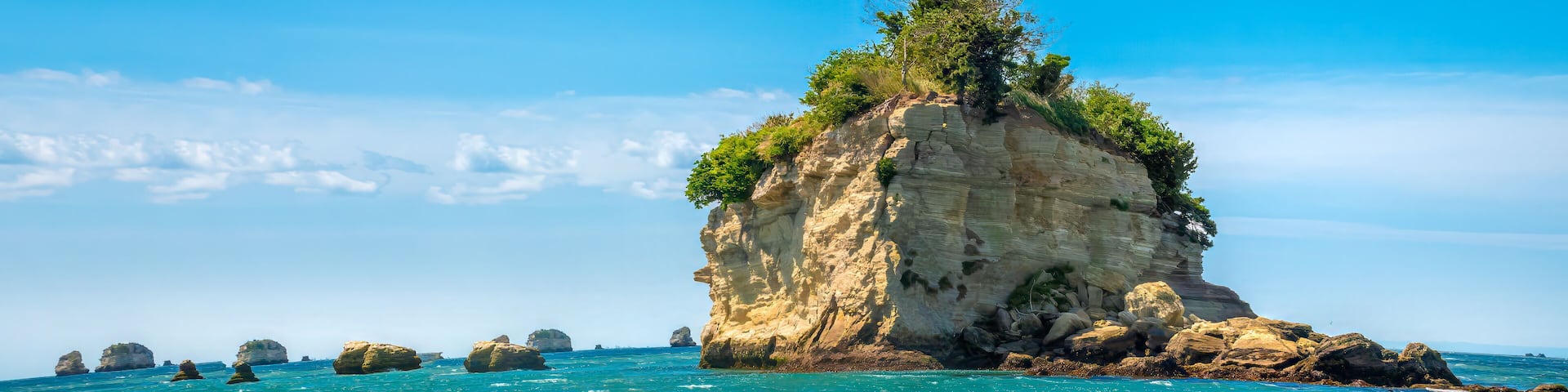 Collection of rocky outcrops protecting Matsushima bay fron the Pacific Ocean waves, Sendai, Japan