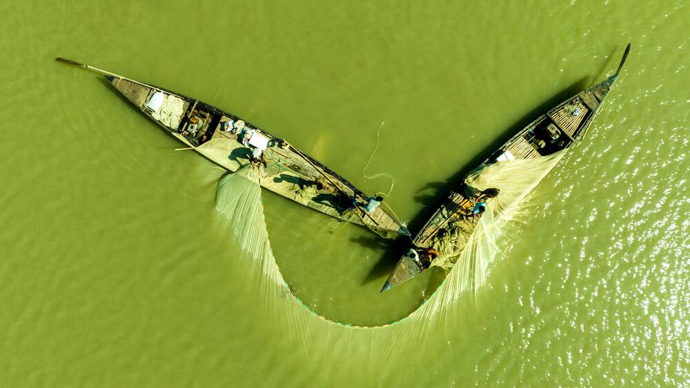 A green body of water with two boats.