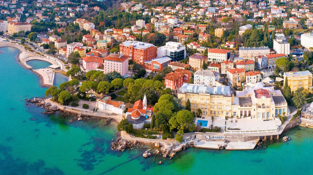 Town of Opatija and Lungomare sea walkway aerial panoramic view