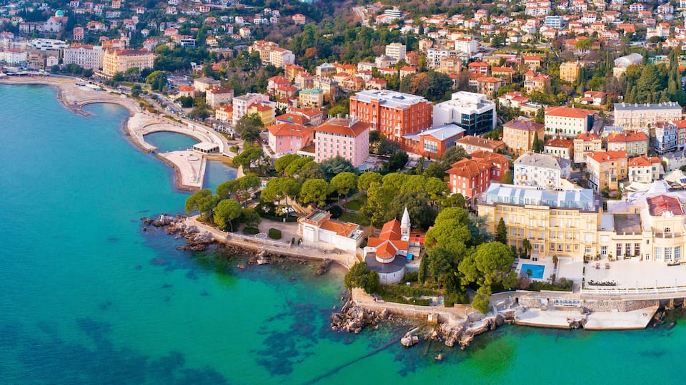 Town of Opatija and Lungomare sea walkway aerial panoramic view