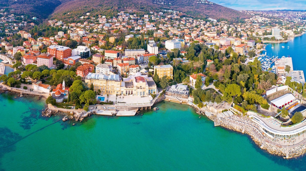 Town of Opatija and Lungomare sea walkway aerial panoramic view