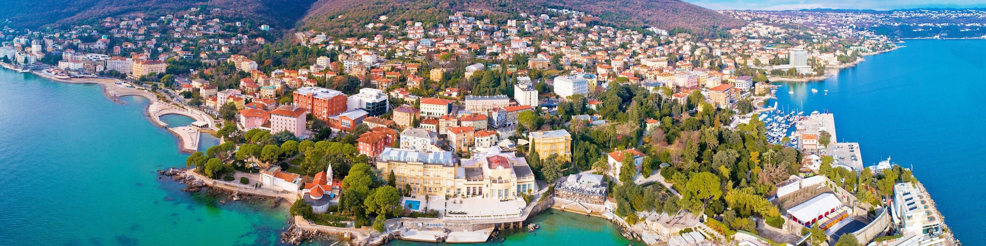 Town of Opatija and Lungomare sea walkway aerial panoramic view