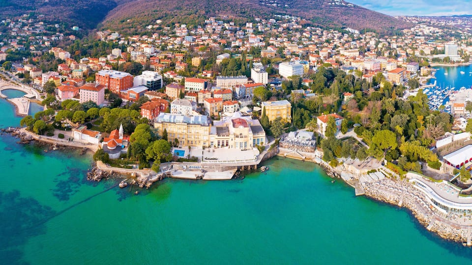 Town of Opatija and Lungomare sea walkway aerial panoramic view