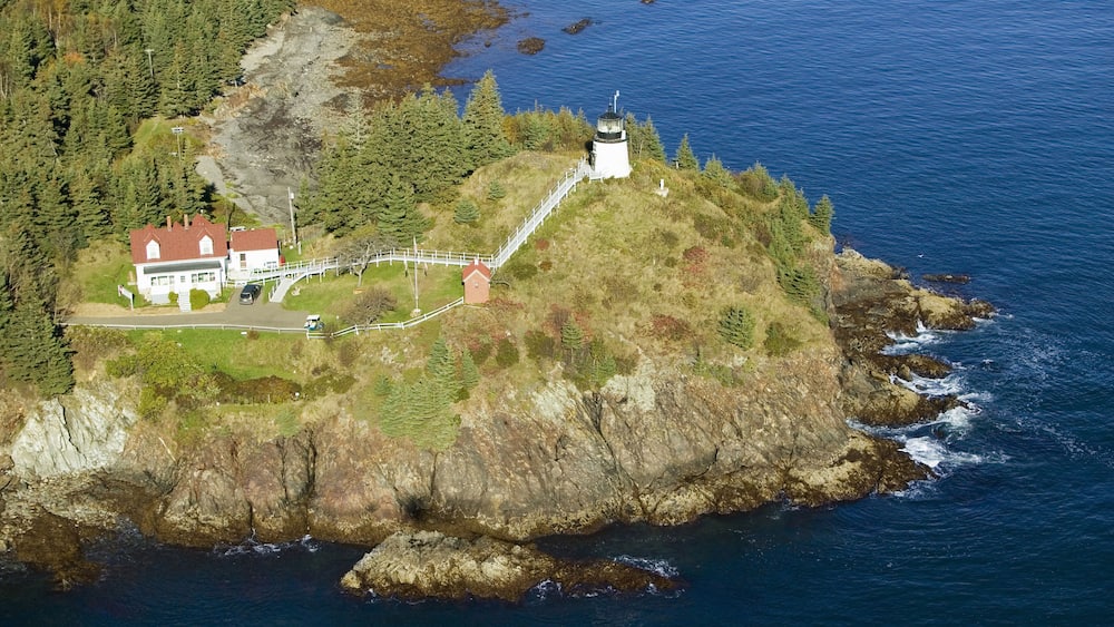 Aerial view of Rockland Maine with Owl's Head Lighthouse