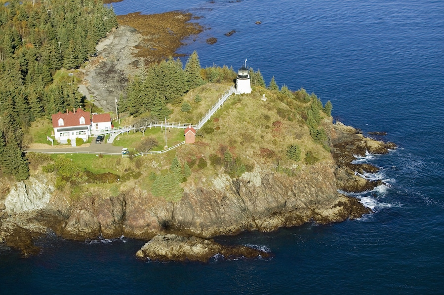 Aerial view of Rockland Maine with Owl's Head Lighthouse