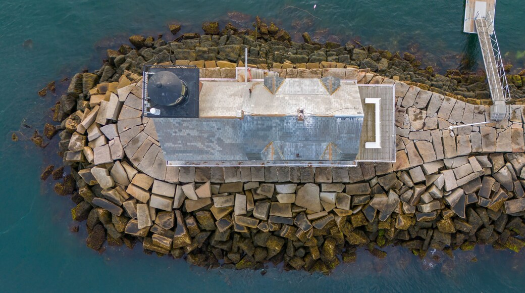 Direct overhead view of Rockland Breakwater Lighthouse in harbor on the Gulf of Maine