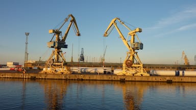 Two large cranes at a port with a calm water body in the foreground.
