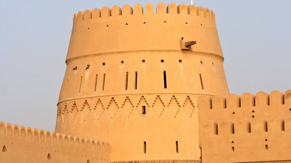 A large, beige, fortified tower with a flag on top.