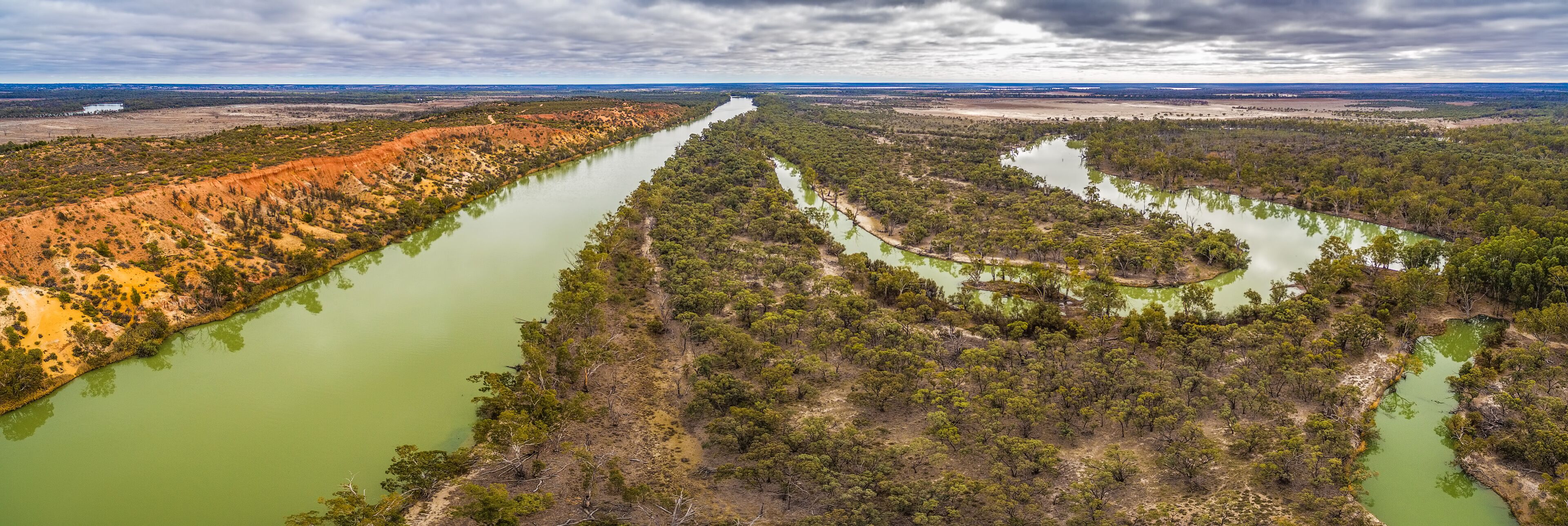 A river winding through a forested landscape with a distant horizon.