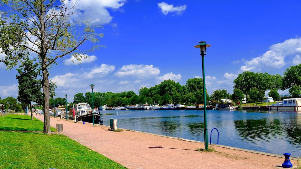 A riverside walkway with boats, trees, and a clear blue sky.